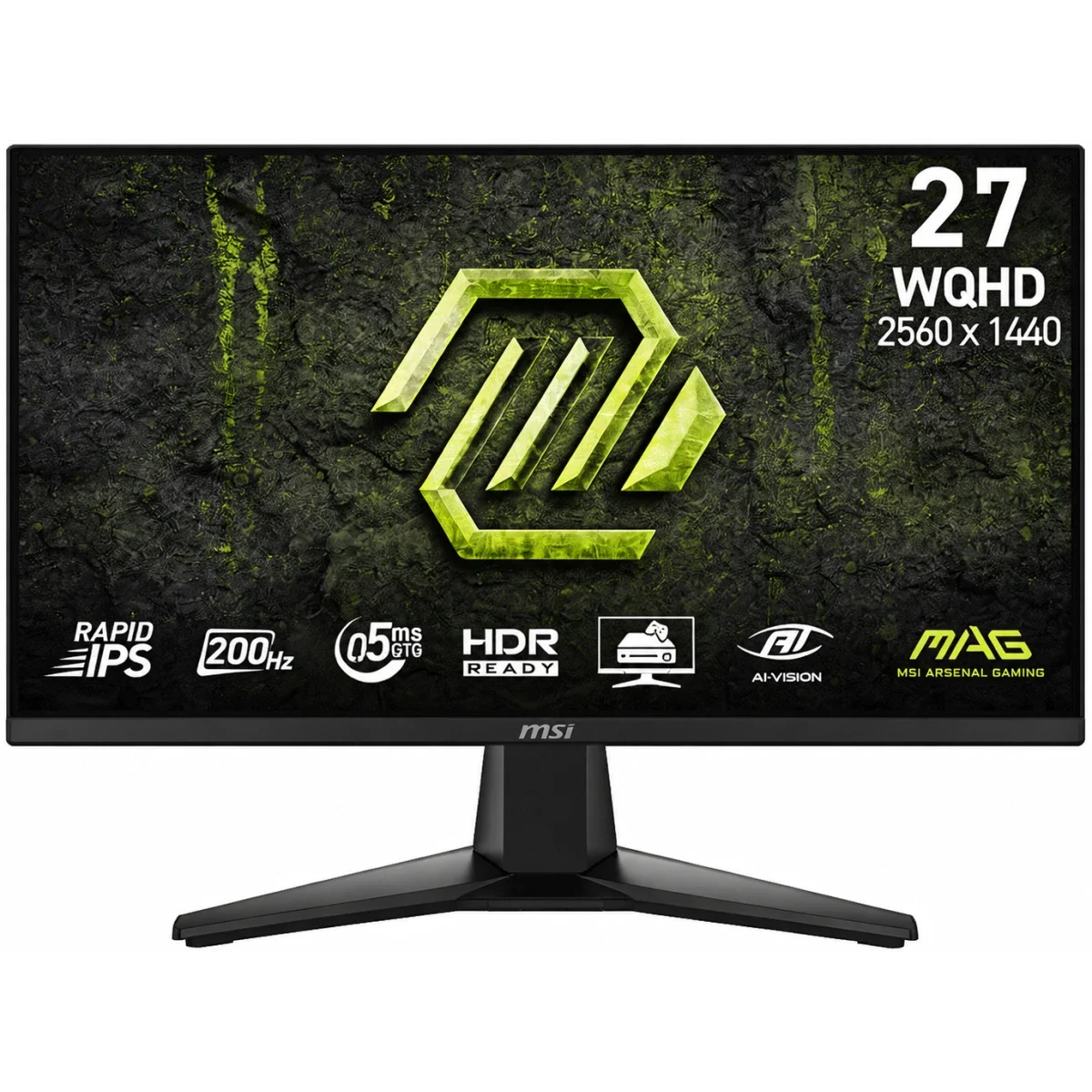 شاشة ألعاب MSI مقاس 27 إنش IPS بدقة 2K WQHD وتردد 200Hz واستجابة 0.5ms، FreeSync Premium وG-SYNC Compatible، HDR Ready، HDMI وVGA، VESA، تعديل الميل، أسود – MAG 275QF E20