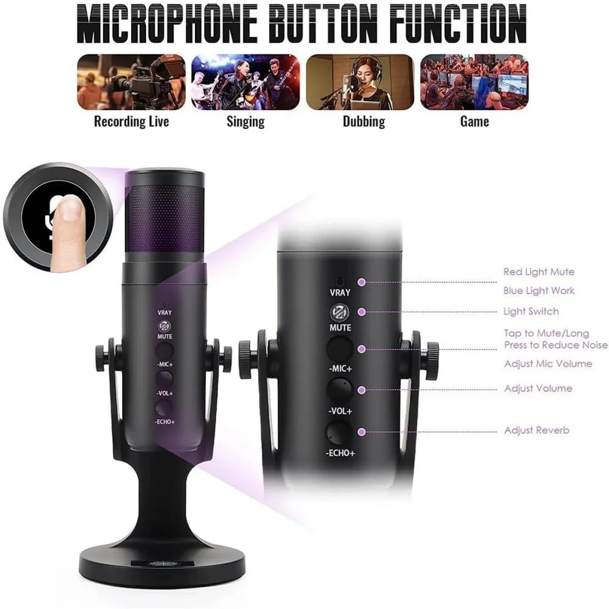 ميكروفون Jmary MC-PW9 USB سلكي RGB للتسجيل - أسود - Image 3