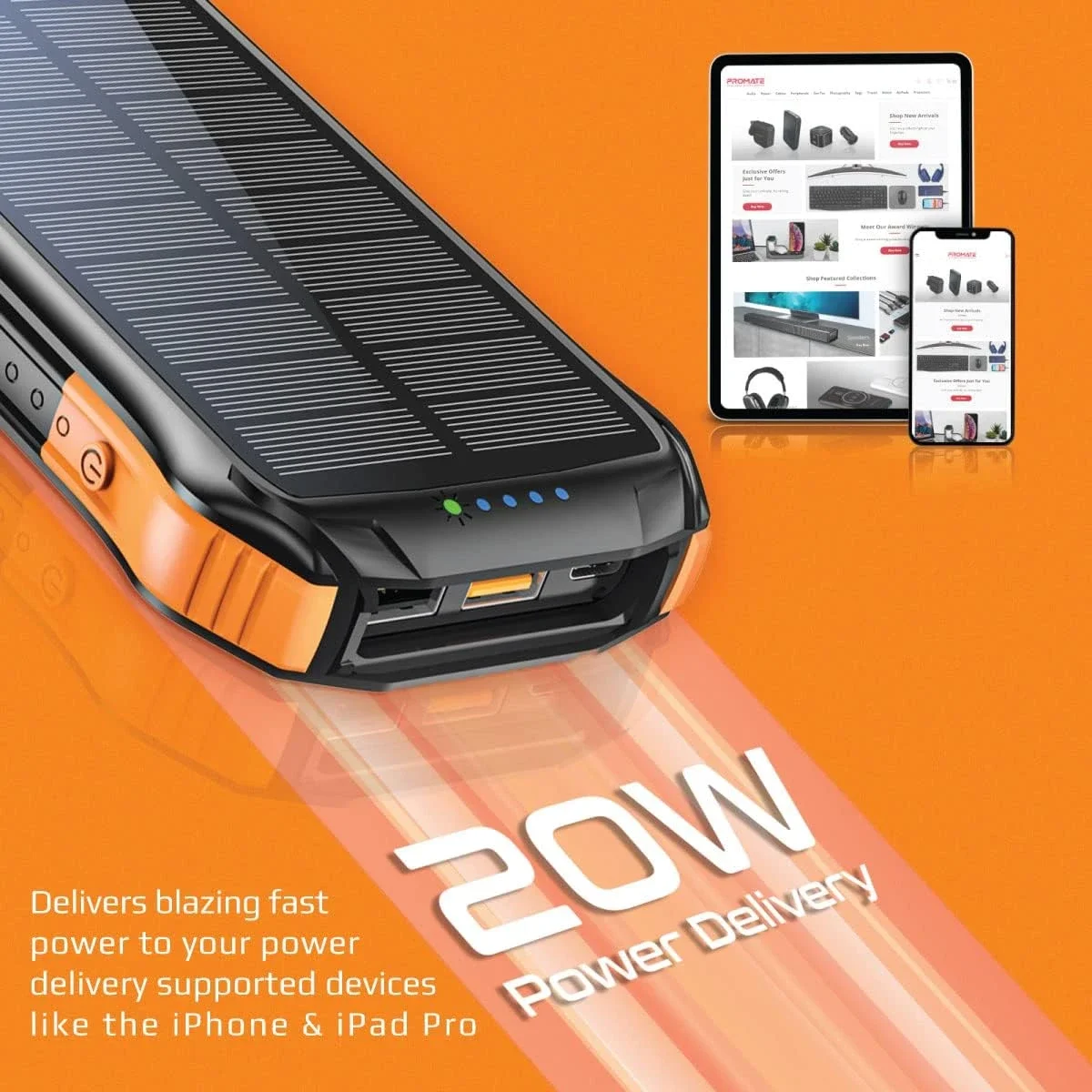باور بانك شمسي Promate SolarTank-10PDQi بسعة 10000mAh مع USB-C PD بقدرة 20W وشحن Qi بقدرة 10W وإضاءة LED - أسود - Thumbnail 5