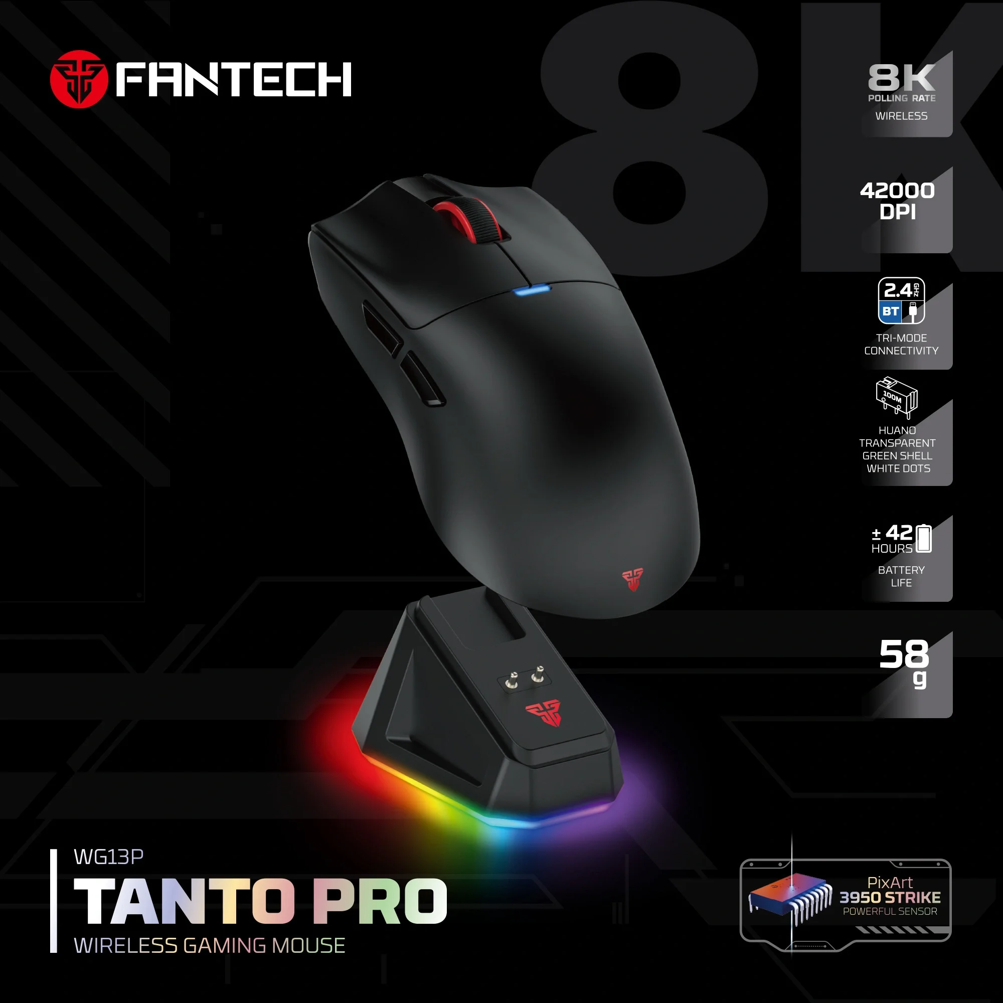 ماوس ألعاب ثلاثي الاتصال (بلوتوث + لاسلكي و سلكي) Fantech WG13P Tanto Pro مع معدل Polling 8K - Image 3