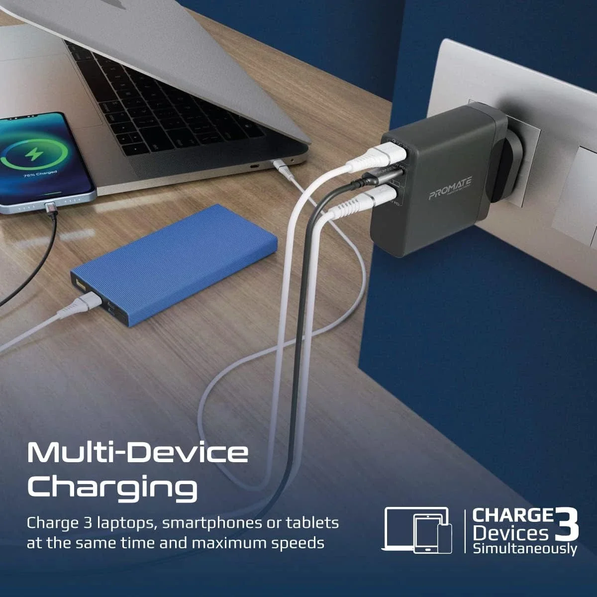 Promate GaNCharge-140W 140W 3-Port USB-C GaN Charger, Black - Thumbnail 4