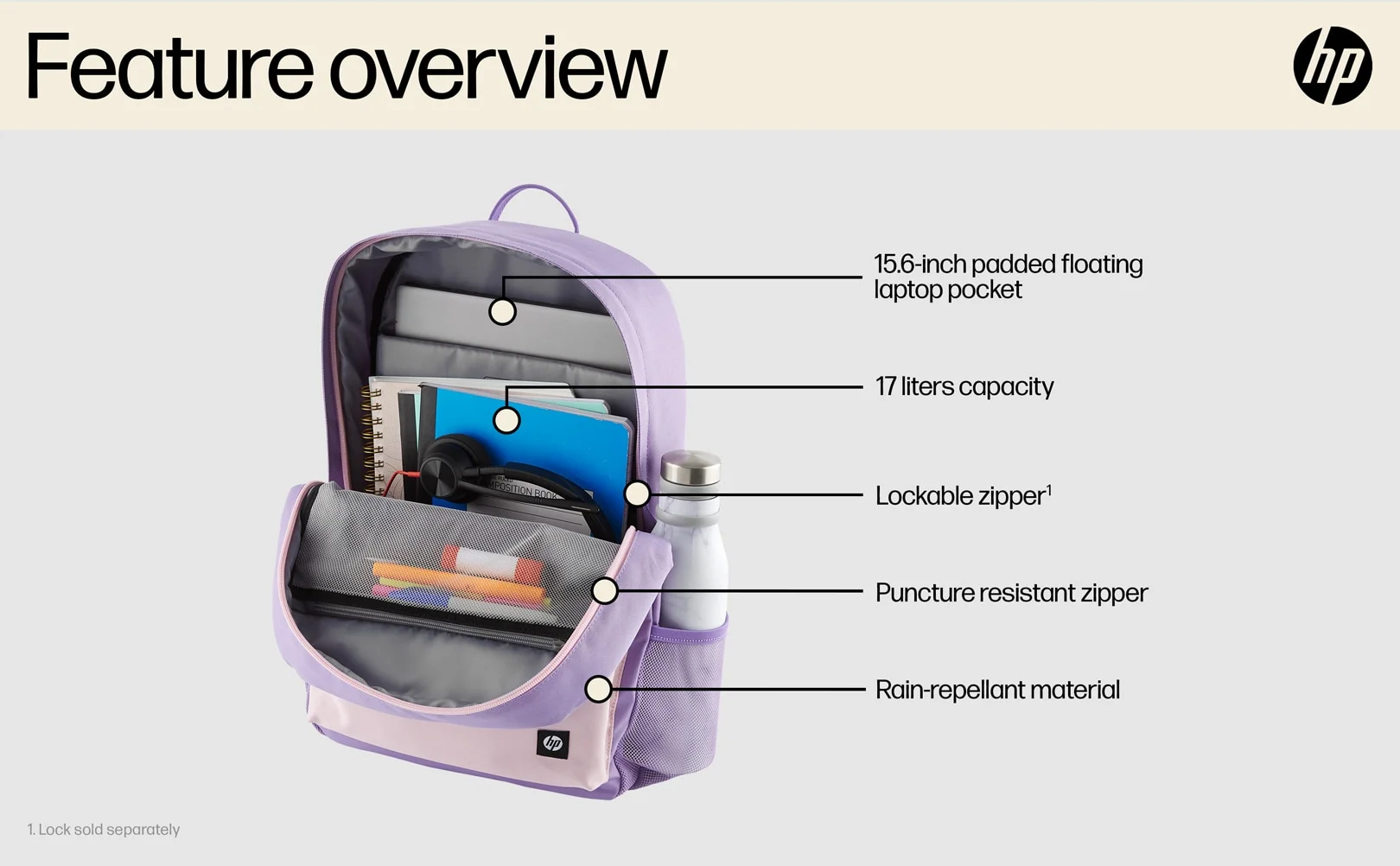 HP Campus Backpack for 15.6 Inch Laptop 17L Water Resistant - Lavender - Image 11