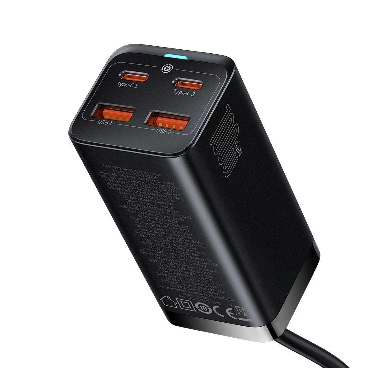 شاحن مكتبي Baseus GaN3 Pro GaN بقوة 100 واط و4 منافذ، 2 USB-C و2 USB-A، أسود - Thumbnail 3