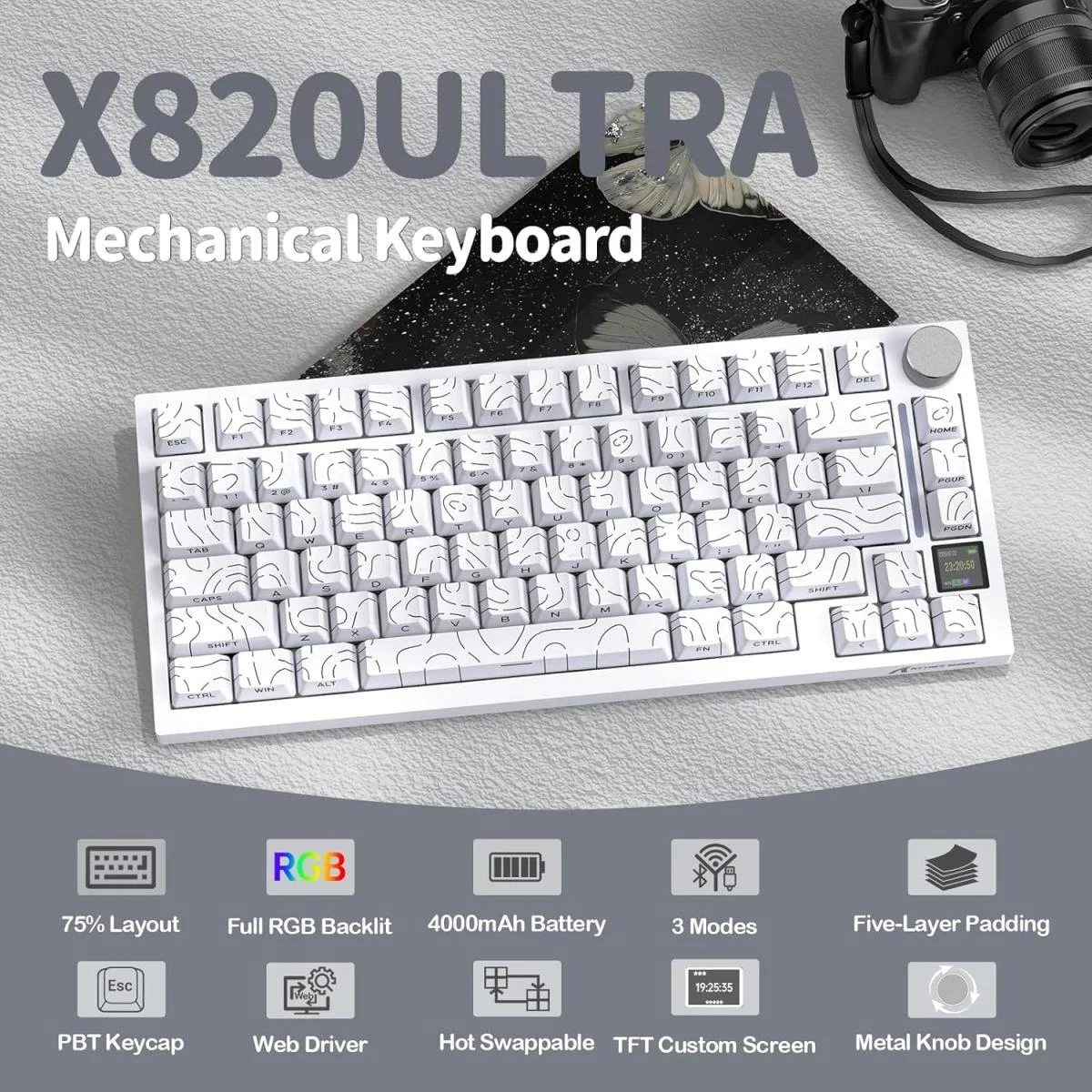 لوحة مفاتيح ألعاب ميكانيكية ATTACK SHARK X820 Ultra لاسلكية 75% لون White Contour - Image 3