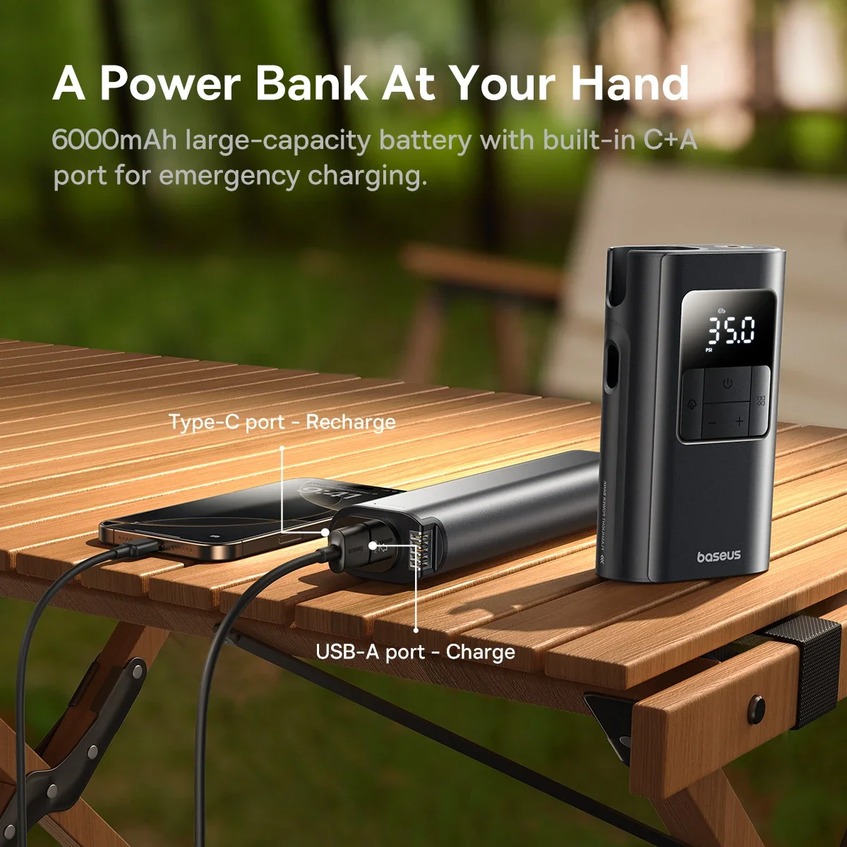 Baseus VA1 Dual-Power Car Tire Inflator with Flashlight and 6000mAh Power Bank - Thumbnail 6