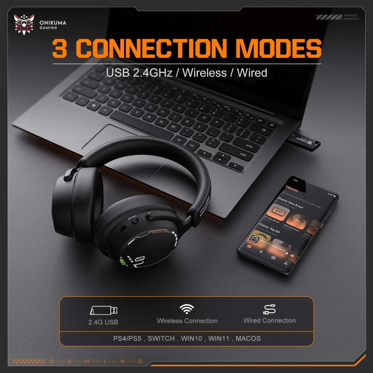 ONIKUMA GT886 Tri-Mode Wireless Gaming Headset with 2.4GHz, Bluetooth 5.3 & 3.5mm AUX - Black - Image 5