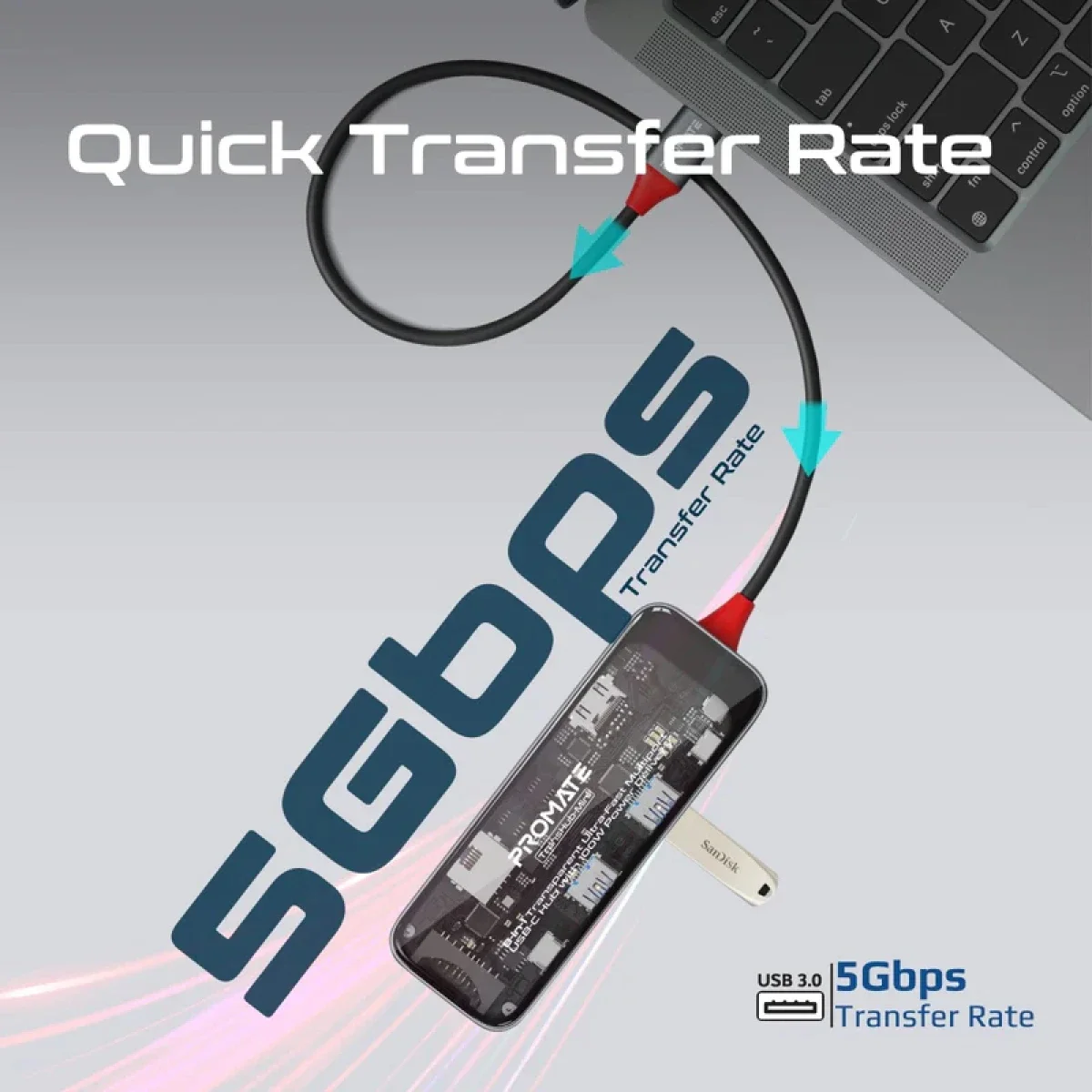 موزع وسائط USB-C ‏8 في 1 Promate TransHub-Mini مع HDMI ‏4K@60Hz ومنفذ LAN جيجابت وطاقة PD ‏100W - Thumbnail 4