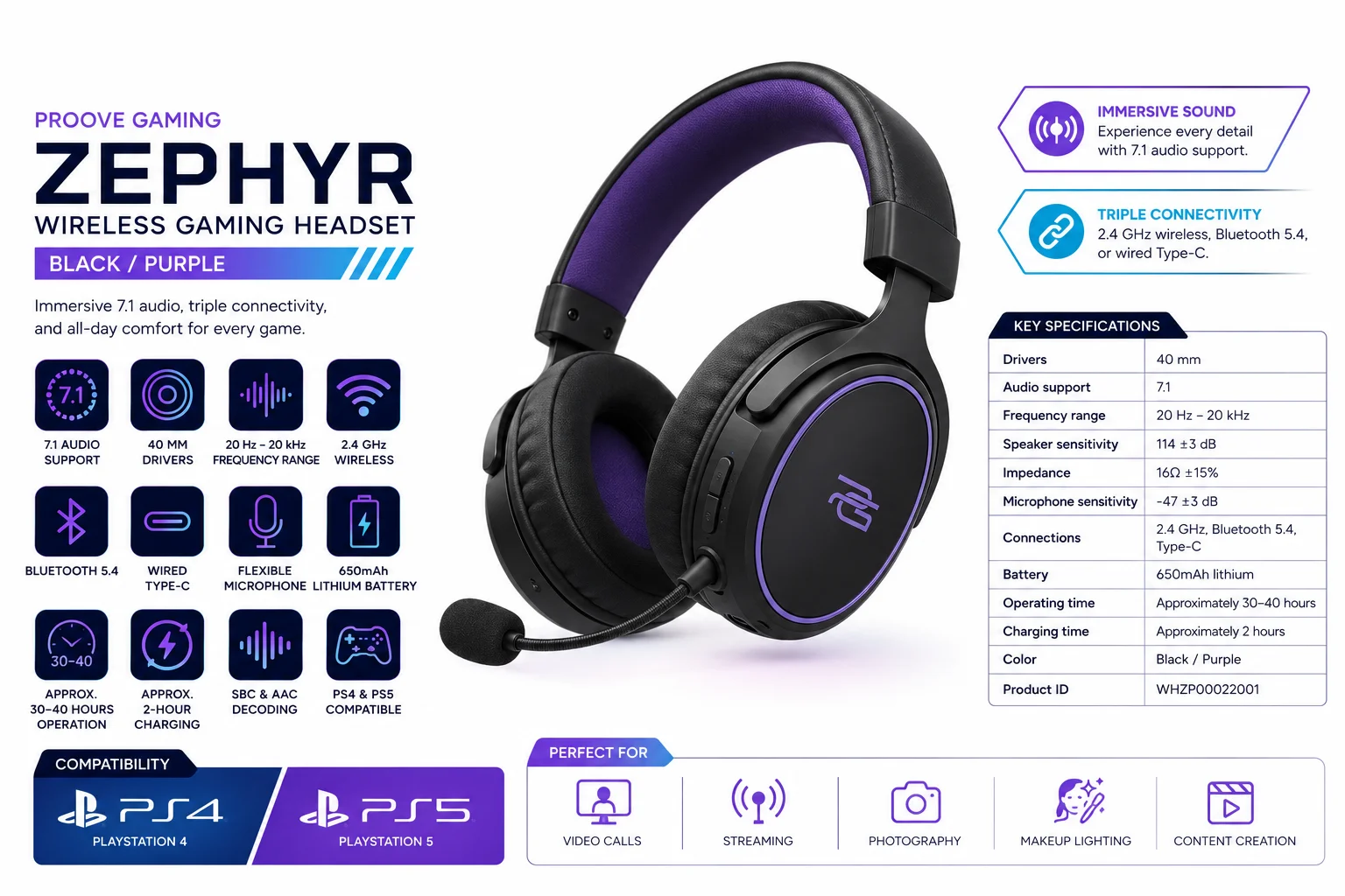 Proove Zephyr Tri-Mode Wireless Gaming Headset with 7.1 Audio, Black/Purple WHZP00022001 - Thumbnail 11