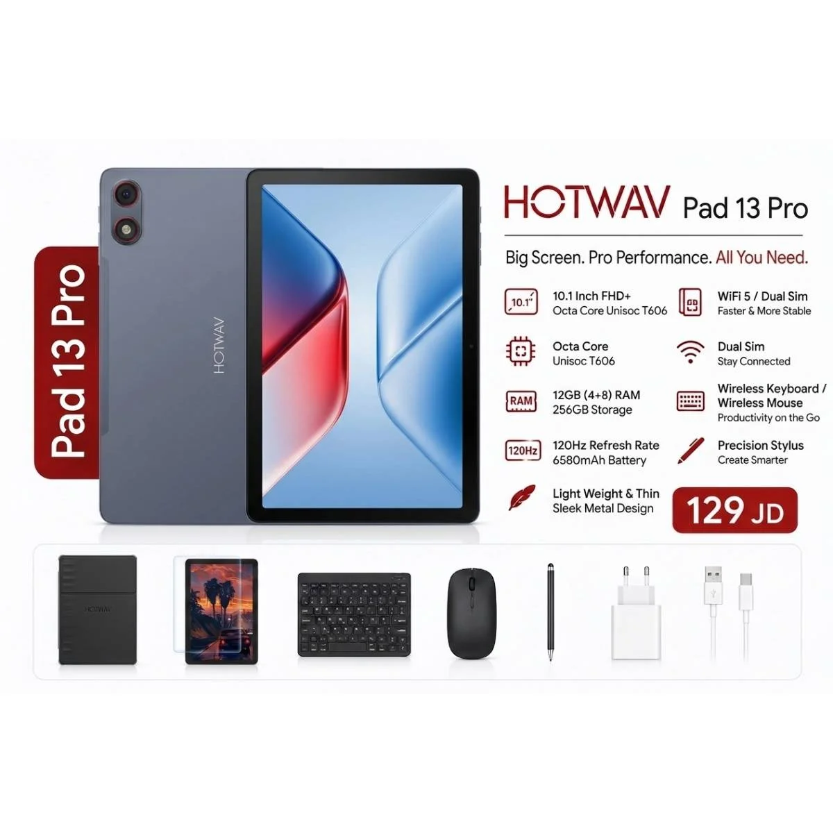 تابلت HOTWAV Pad 13 Pro بشاشة 10.1 إنش HD ونظام Android 16، 120Hz، رام 4GB+8GB، 256GB، 6580mAh، شريحتي 4G، رمادي