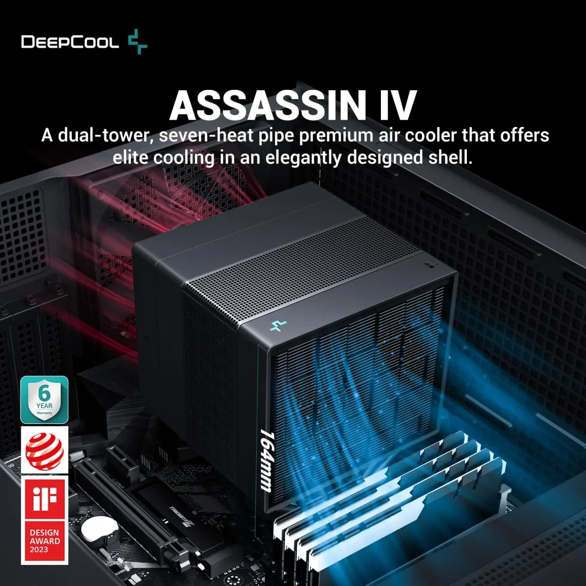مبرد هوائي للمعالج DeepCool Assassin IV Premium مع 7 أنابيب حرارية وتصميم ثنائي البرج ومراوح PWM مقاس 140/120mm بسرعة 1700RPM أسود - Image 2
