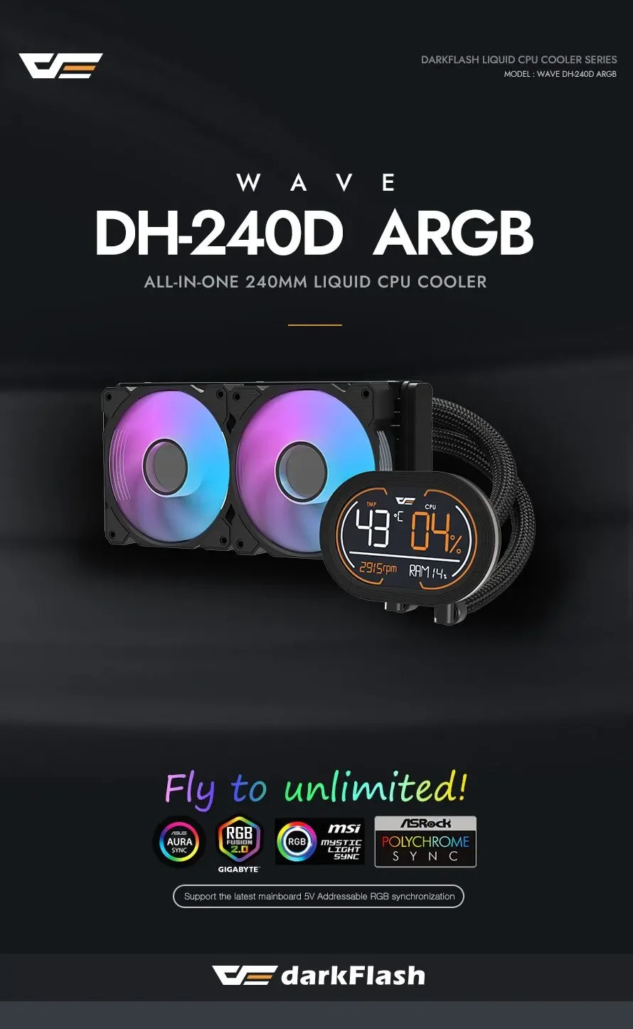 مبرد معالج مائي DarkFlash DH240D بشاشة عرض وراديتر ألمنيوم 240 ملم، أسود – WAVE DH-240D ARGB - Image 7