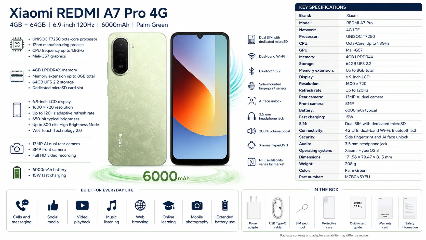 هاتف Xiaomi REDMI A7 Pro 4G بشاشة 6.9 إنش 120Hz وذاكرة 4GB وسعة 64GB باللون الأخضر النخلي - Image 13