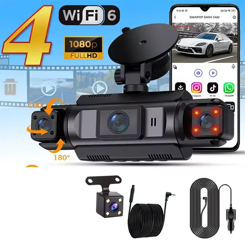 داش كام GMAIPOP للسيارة 4 قنوات WiFi بدقة FHD 1080P مع رؤية ليلية وتسجيل متكرر وطقم توصيل كهربائي