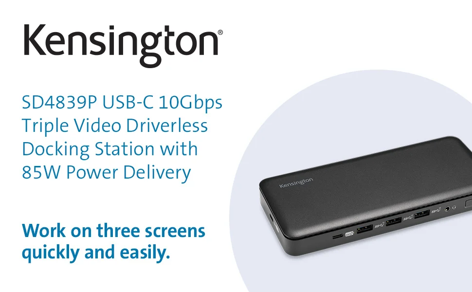 محطة لمجموعة واسعة من المنافذ Kensington SD4839P 9 في 1 USB-C بدون تعريف بقدرة 85W PD وسرعة 10Gbps لون أسود - Image 9
