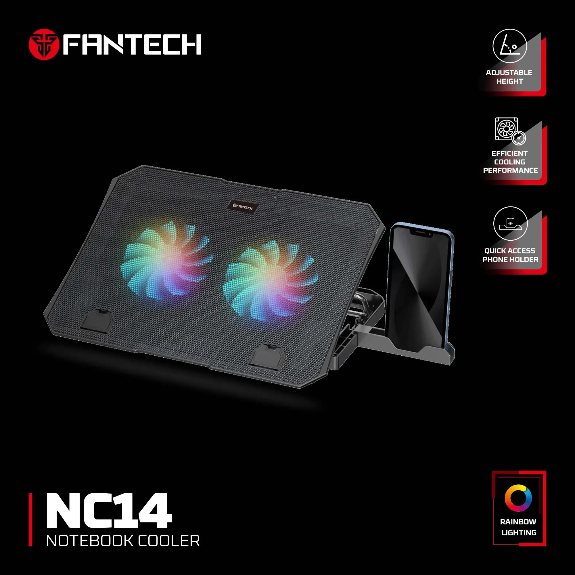 Fantech NC14 Laptop Cooling Pad with 2 Fans and 5-Level Height Adjustment - Image 3