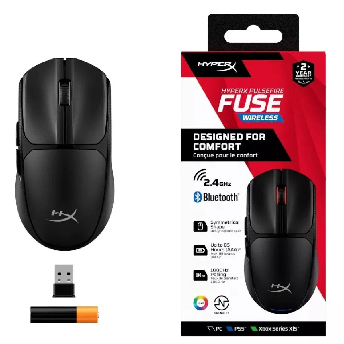 Hyper X Pulsefire Fuse Wireless Gaming Mouse, 12K DPI, 75g, 2.4GHz & Bluetooth - Thumbnail 2