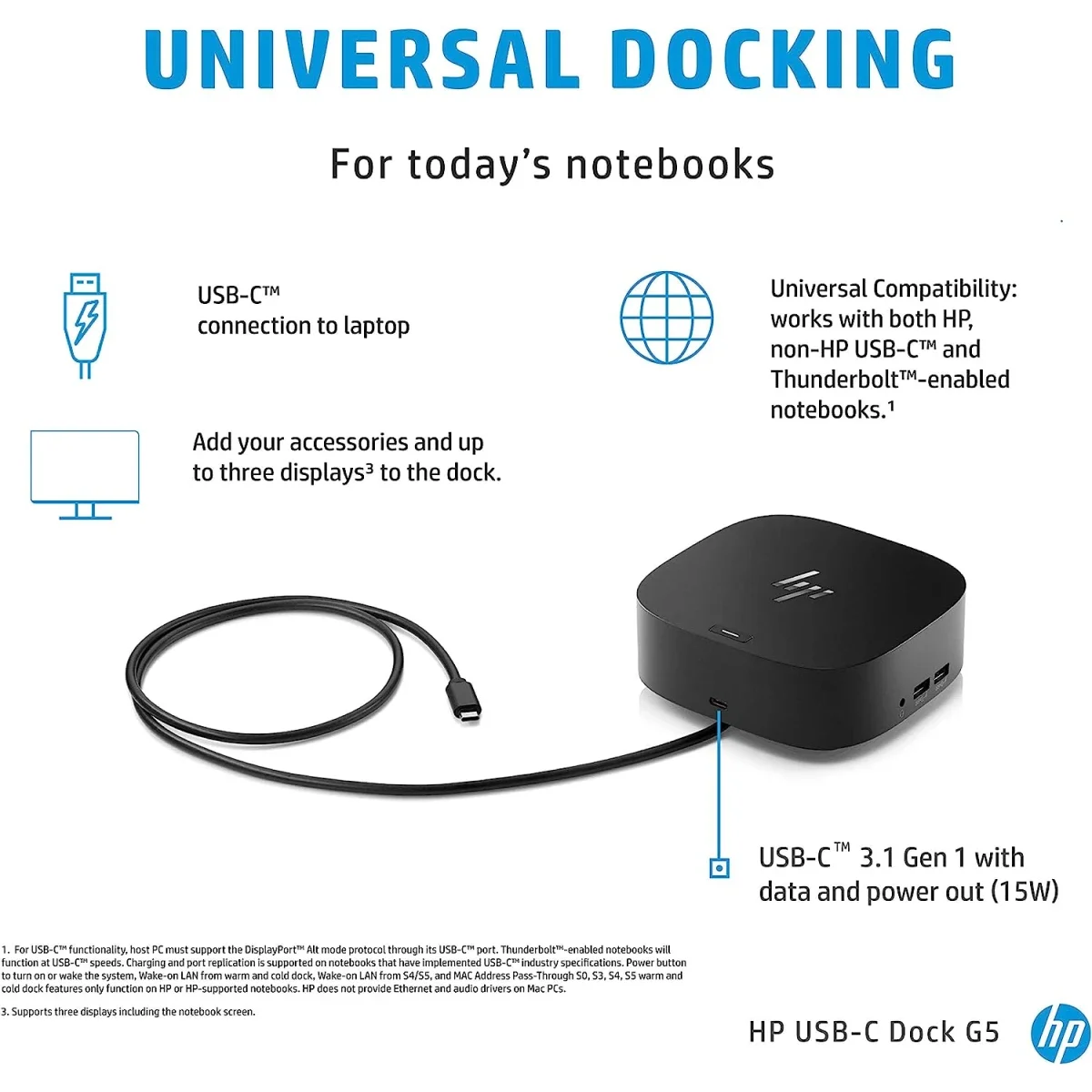 HP USB-C G5 Essential Docking Station with HDMI, 2 DisplayPort, Gigabit LAN and 120W Power Adapter - Image 3