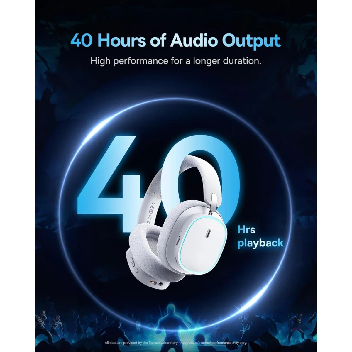 Baseus GH02 Wireless Gaming Headphones with ANC, RGB, 40mm Drivers and 40-Hour Playtime - White - Thumbnail 4