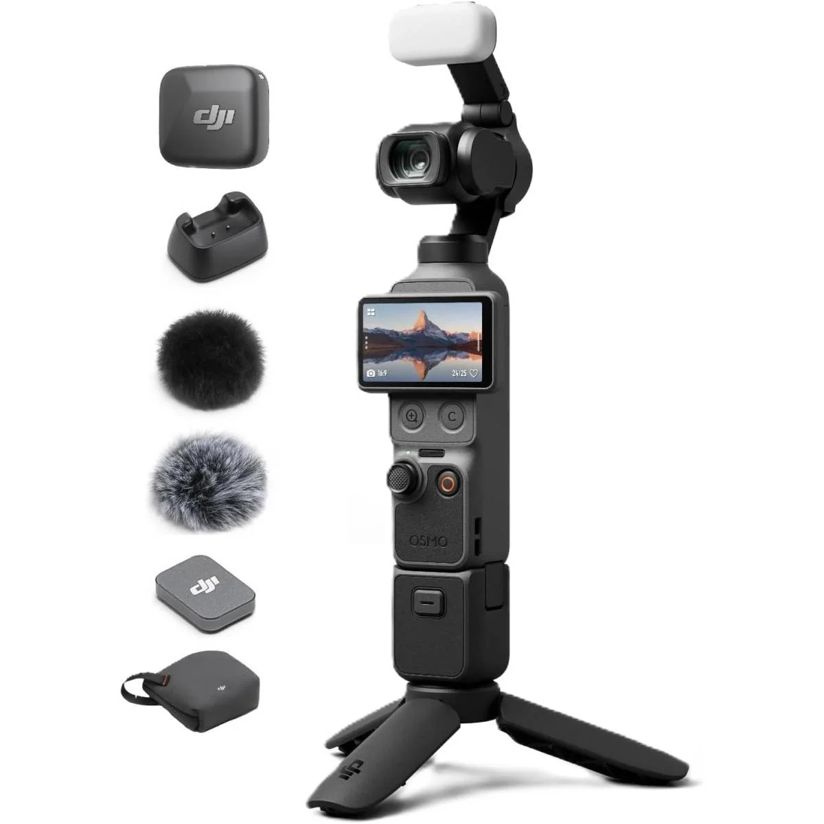 كاميرا فلوج محمولة DJI Osmo Pocket 4 Creator Combo مع حزمة ملحقات، 4K/240fps، مستشعر CMOS مقاس 1 إنش، جيمبال 3 محاور، ActiveTrack 7.0، شاشة لمس دوارة 2 إنش، تخزين 107GB، مرسل مايك لاسلكي Mini، أسود