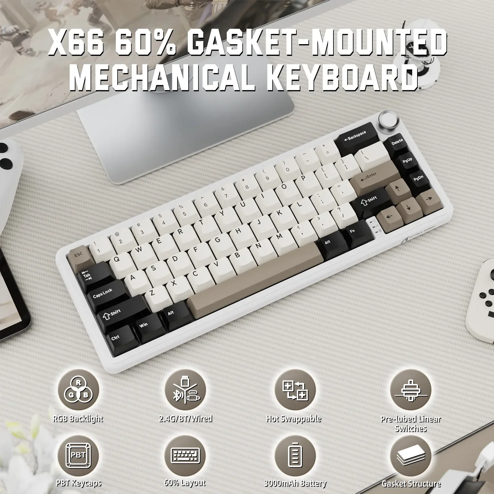 كيبورد ATTACK SHARK X66 ميكانيكي لاسلكي بمفاتيح PBT بطباعة جانبية وسويتش Blueberry – لون Cheese - Image 2