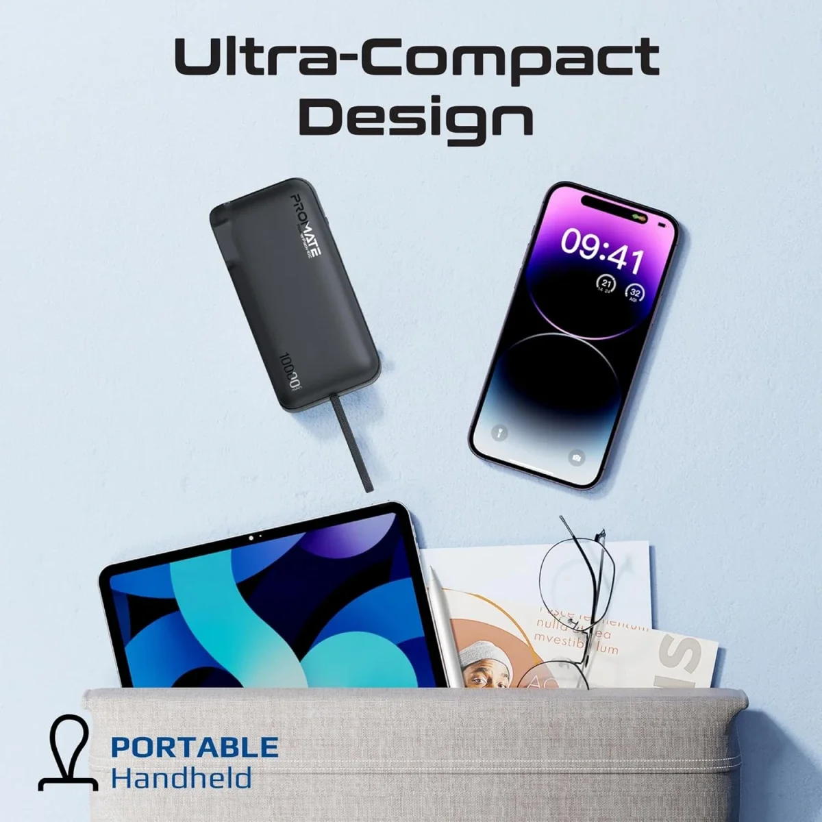 Promate PowerPack-10C 10000mAh Dual-Mode AC/DC Power Bank Charger, 20W USB-C, 22.5W USB-A, Black - Image 9