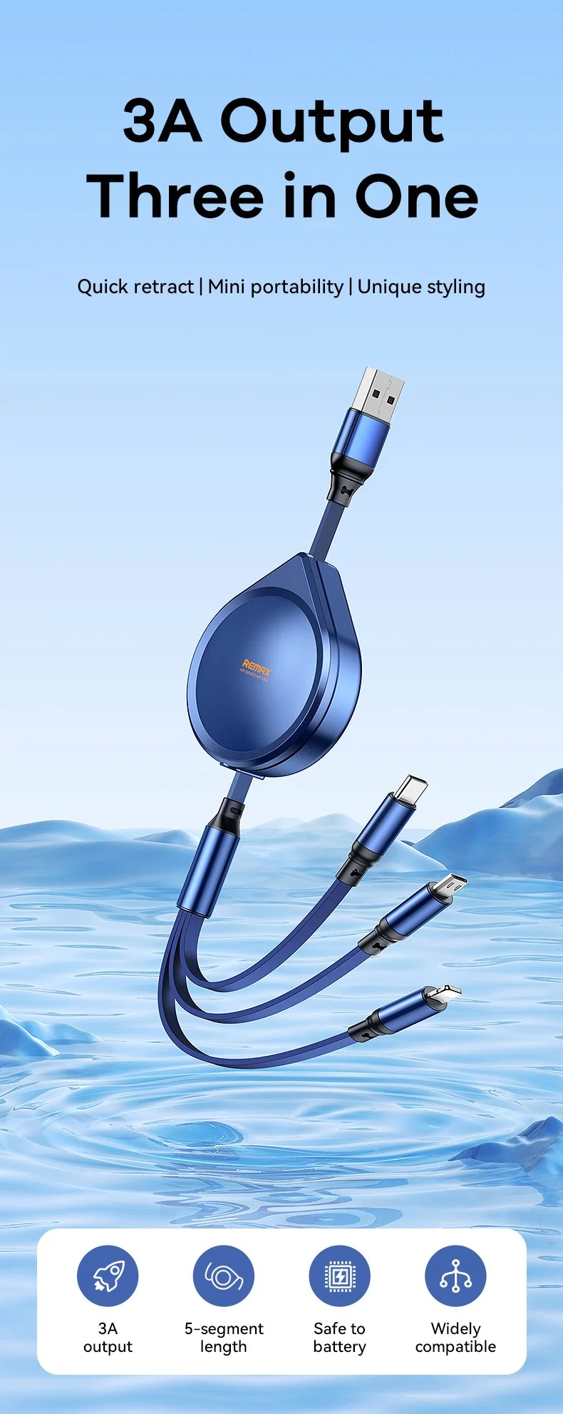 كيبل شحن سريع Remax Drip Series RC-C018 قابل للسحب 3 في 1 بقدرة 15 واط وطول 120 سم – USB إلى آيفون وType-C وMicro USB - Image 5