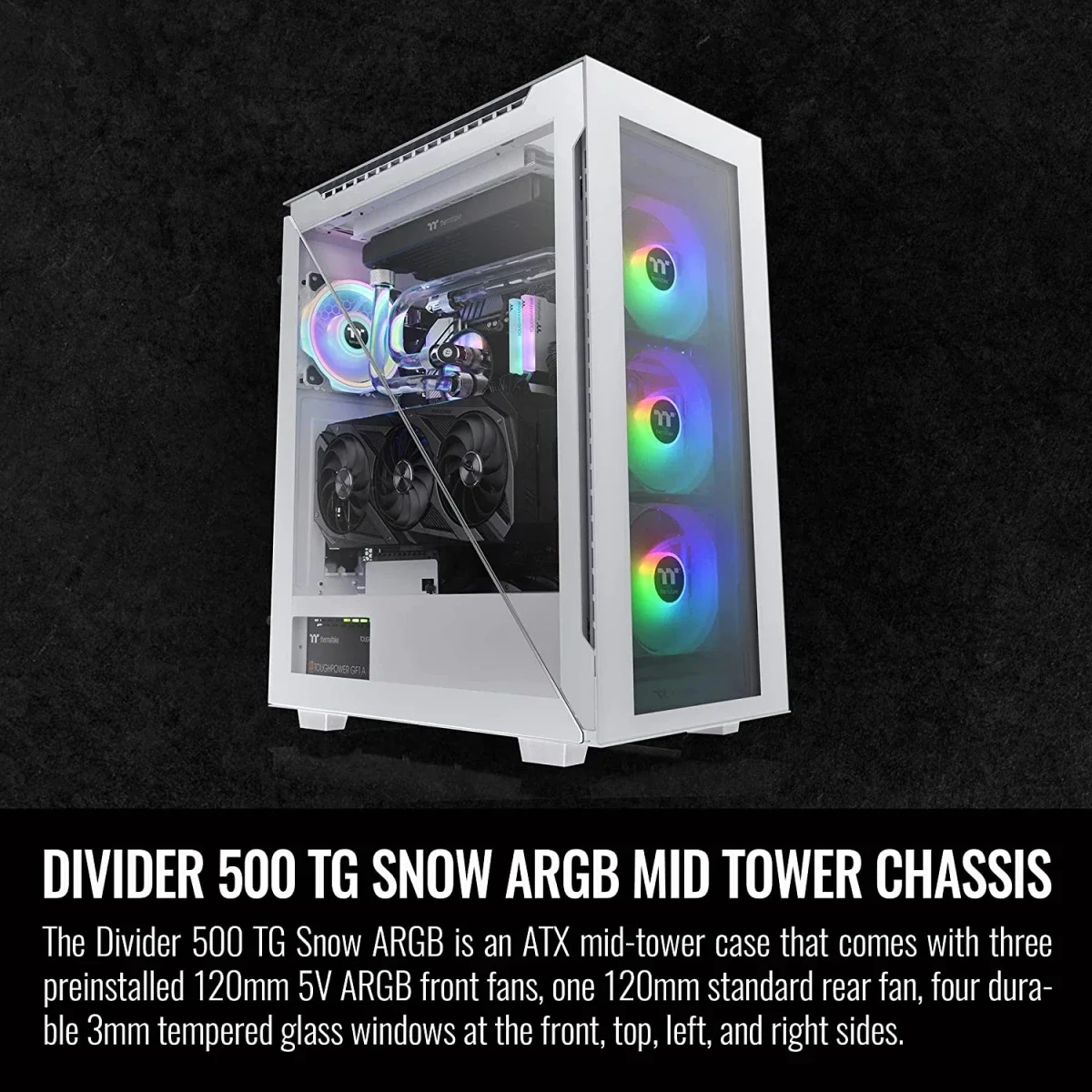 هيكل كمبيوتر Thermaltake Divider 500 ميد تاور مع 3x120mm مراوح أمامية ARGB + 1x120mm مروحة خلفية - White - Image 3