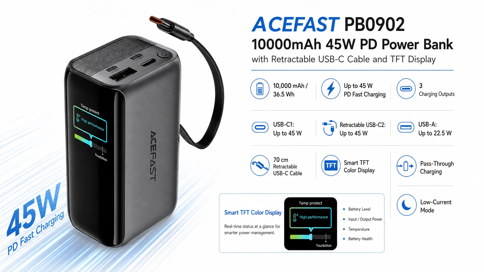 ACEFAST PB0902 10000mAh 45W PD Power Bank with Retractable USB-C Cable and TFT Display - Image 6