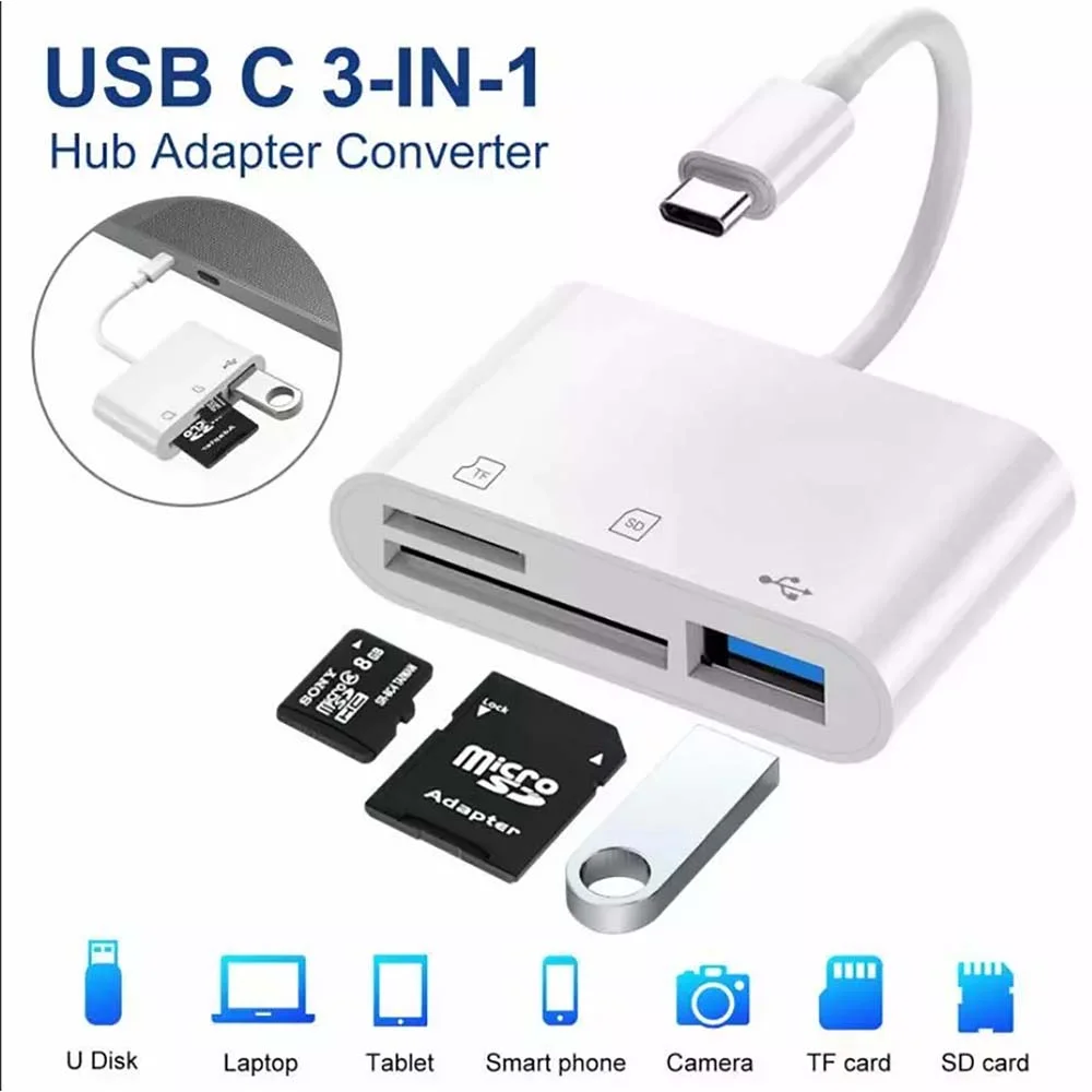 محول USB-C بطول 30 سم 3 في 1 مع منفذ USB وقارئ MicroSD وSD