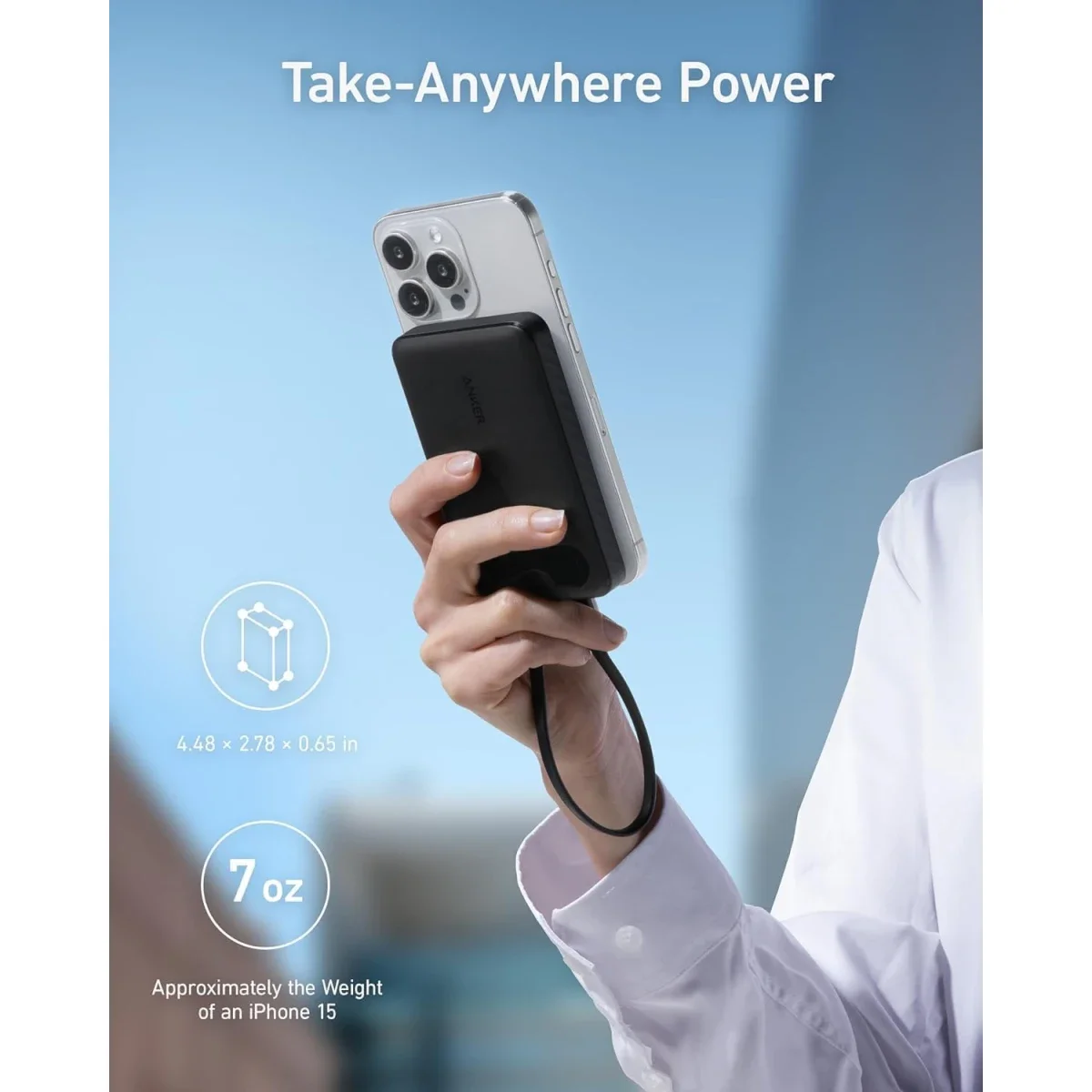 باور بانك Anker PowerCore بسعة 10000mAh وقدرة 22.5W مع كابل USB-C بحبل تعليق - أسود - Image 3
