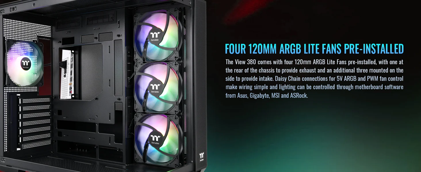 هيكل كمبيوتر Thermaltake View 380 TG ATX ميد تاور مع 4 مراوح ARGB مقاس 120 مم، أسود - Thumbnail 13