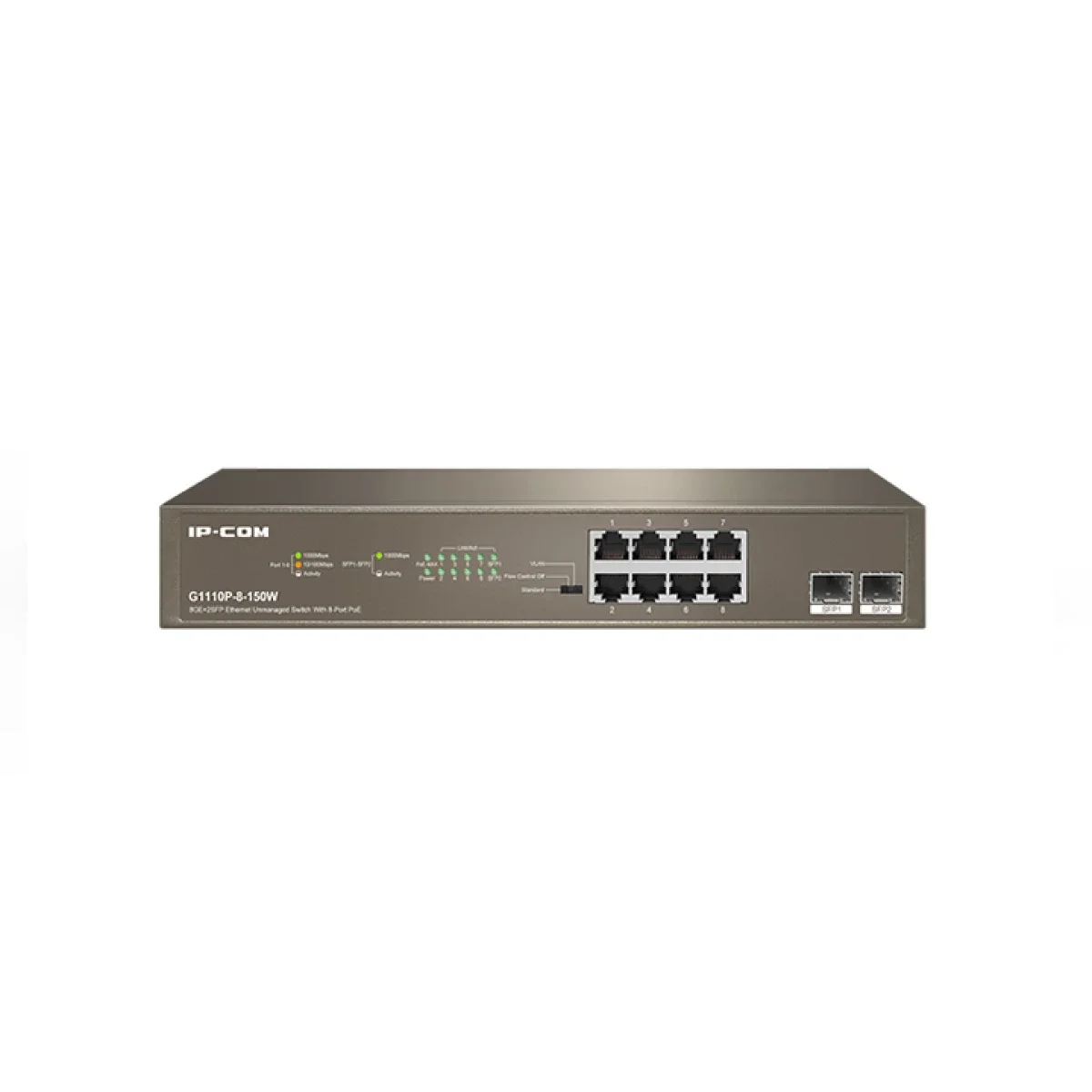 سويتش IPCOM جيجابت غير مُدار 10 منافذ مع 8 منافذ PoE+