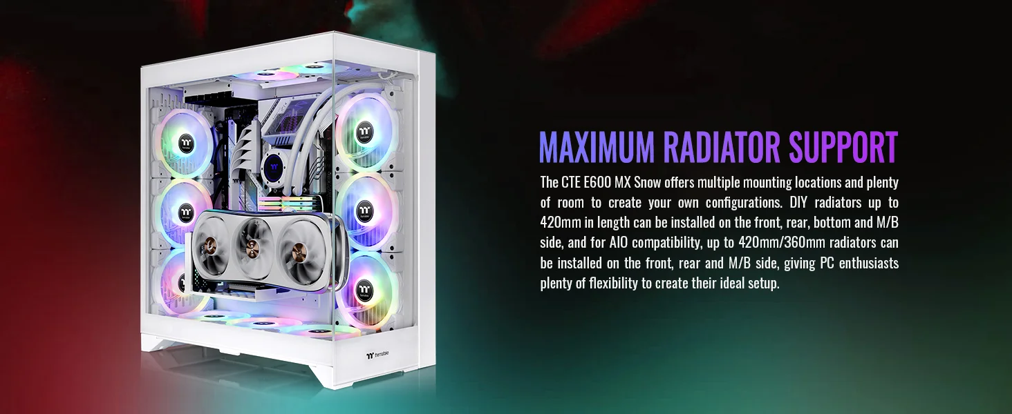 هيكل كمبيوتر Thermaltake CTE E600 MX E-ATX ميد تاور مع حامل بطاقة رسومية عائم ثلاثي الاتجاهات وكابل PCIe 4.0 بطول 400 مم - أبيض - Thumbnail 14