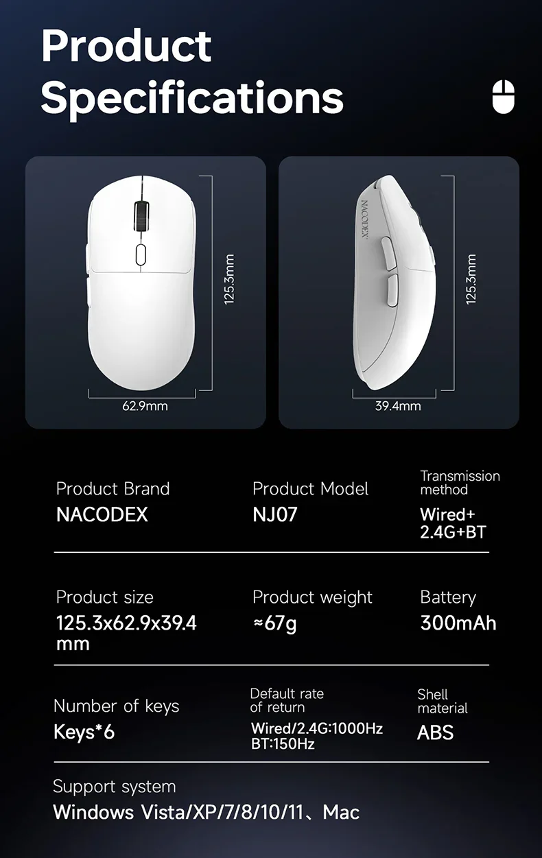 ماوس ألعاب AJAZZ NJ07 ثلاثي الاتصال، 12000 DPI، 1000Hz، بطارية 300mAh، أبيض - Image 10