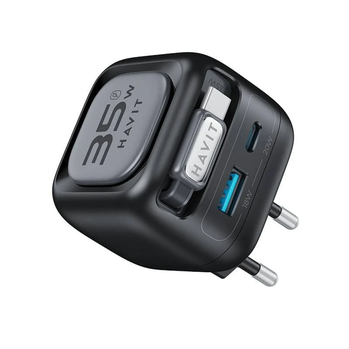 شاحن سفر HAVIT UC250 بتقنية GaN بقوة 35 واط مع كابل USB-C قابل للسحب - Thumbnail 4
