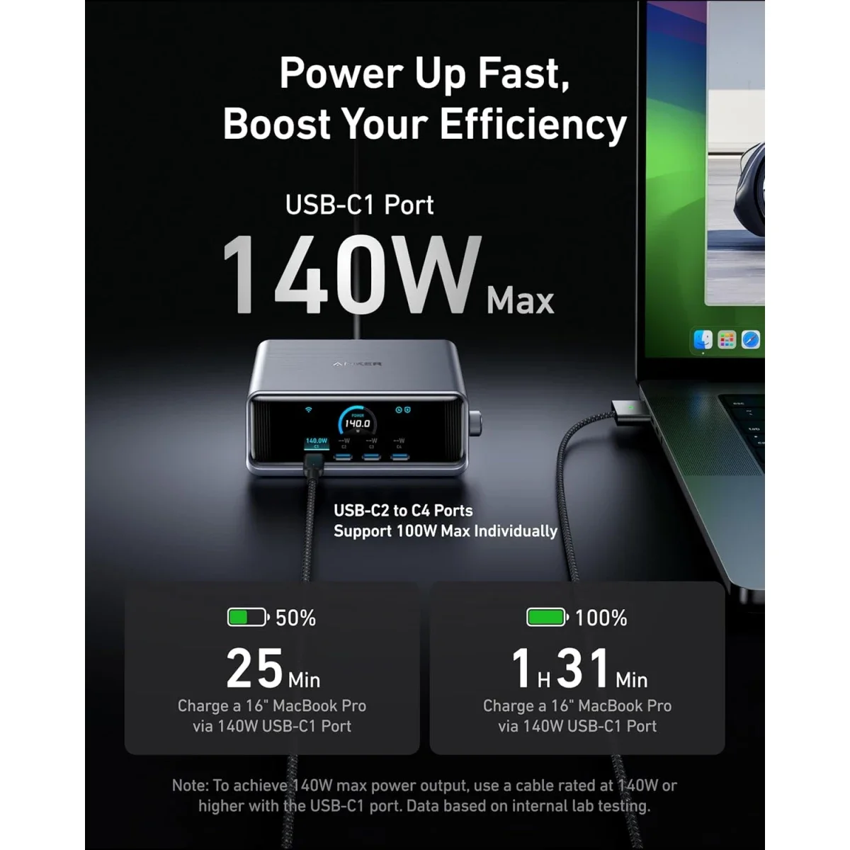 محطة شحن مكتبية Anker Prime بقدرة 250 واط GaN، 6 منافذ، شاشة LCD، فضي - Thumbnail 5