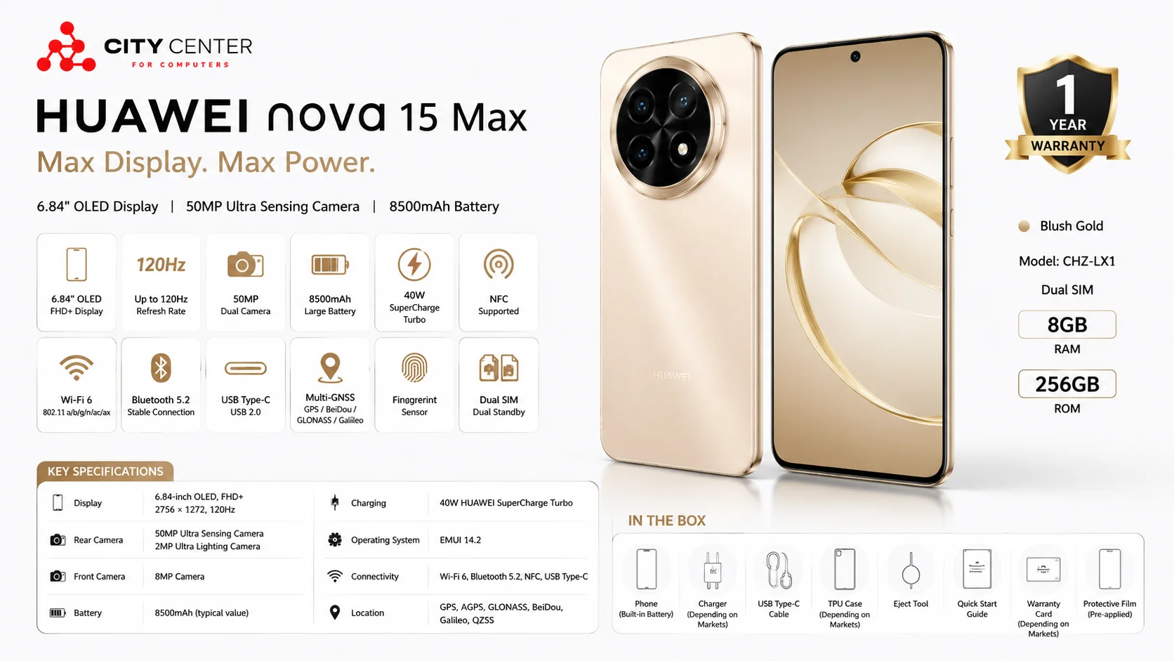 HUAWEI nova 15 Max CHZ-LX1 Dual SIM Smartphone, 8GB RAM, 256GB, 6.84-inch 120Hz OLED, 50MP Camera, Blush Gold - Image 12