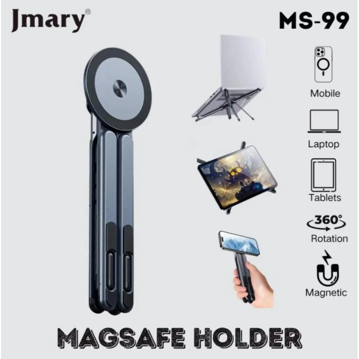 Jmary MS-99 3-in-1 Magnetic Aluminum Laptop Stand Holder, 181 × 58 × 19.6 mm - Thumbnail 2