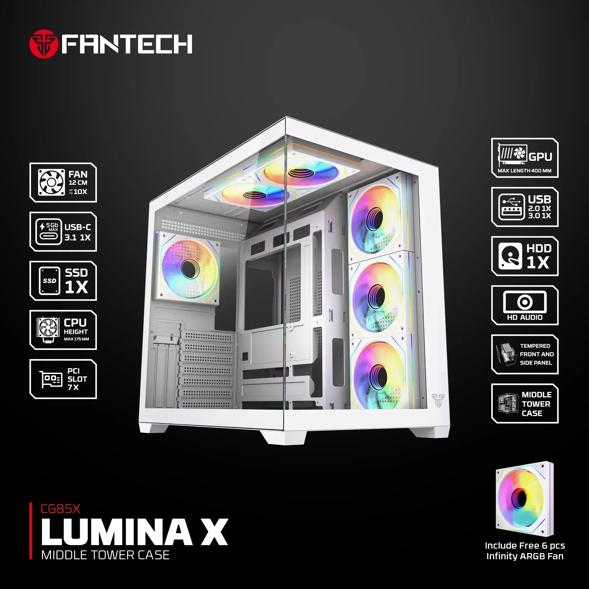 كيس ألعاب Fantech CG85X Lumina X ميد تاور أبيض مع 6 مراوح ARGB - Image 3