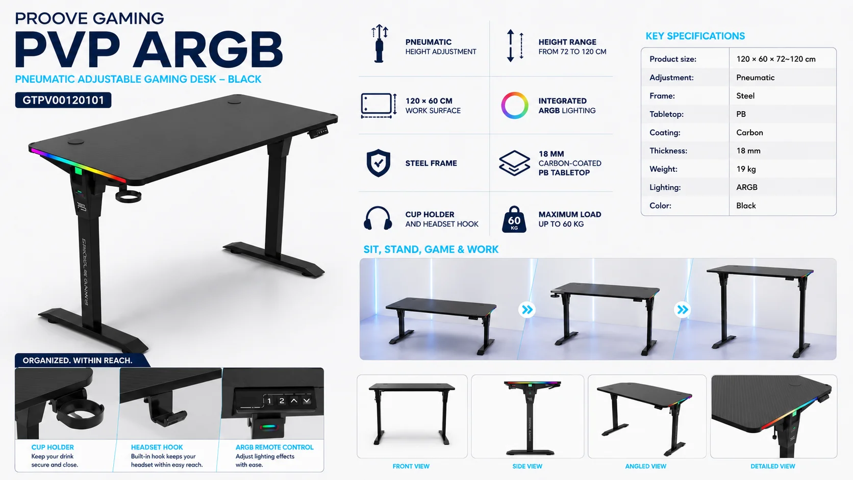 Proove Gaming PVP Pneumatic Adjustable ARGB Gaming Desk 120cm Black GTPV00120101 - Image 8