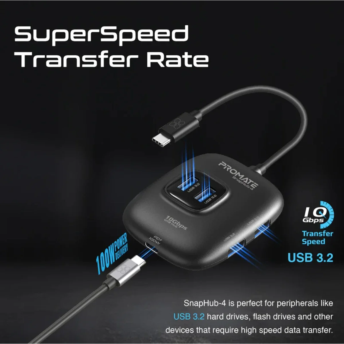 موزع USB Promate SnapHub-4‏ 4 في 1 USB 3.2 مع 4 منافذ USB-A بسرعة 10Gbps و5V/1A - Thumbnail 4