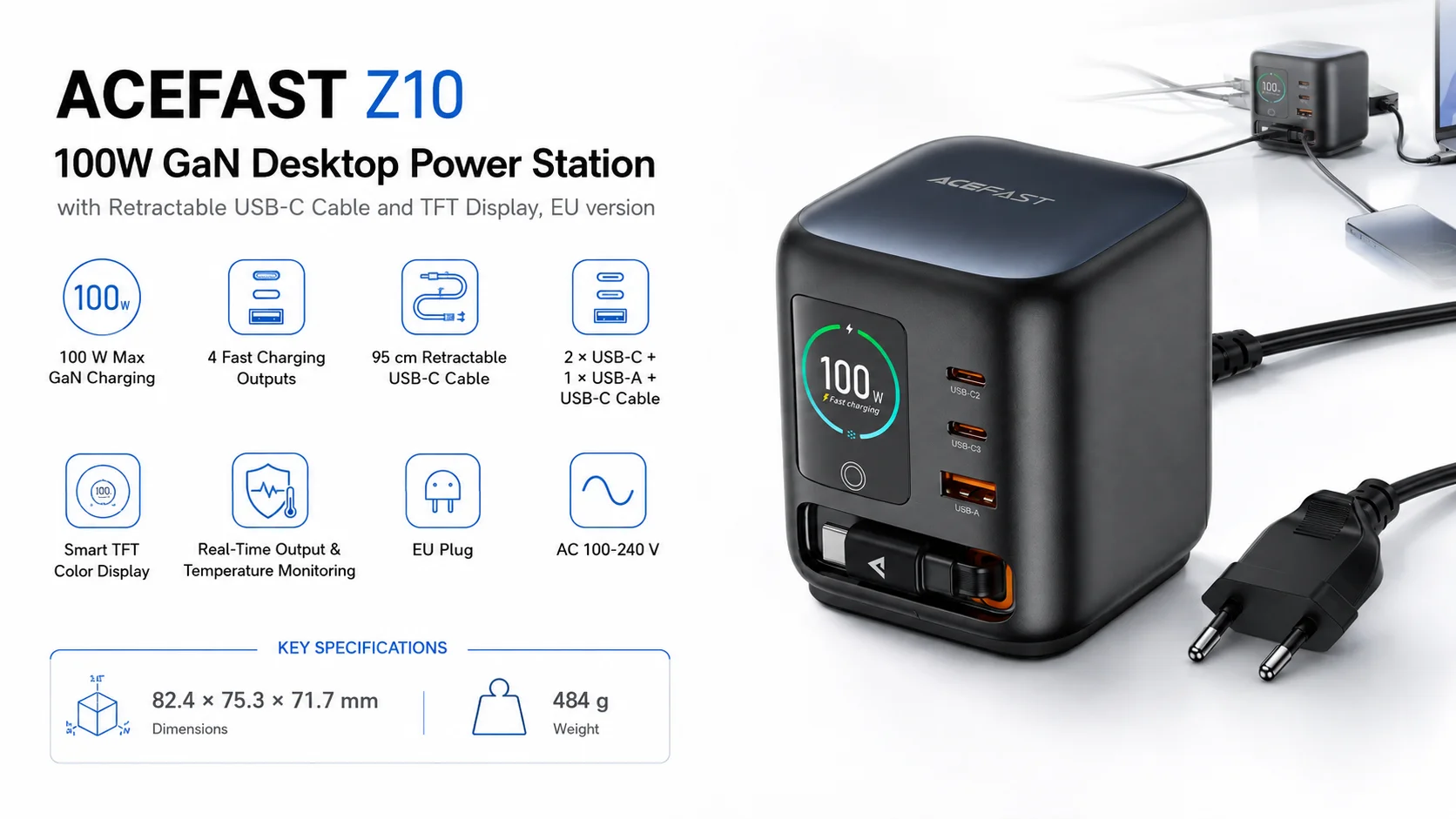 ACEFAST Z10 100W GaN Desktop Charging Station with Retractable USB-C Cable & TFT Display - Thumbnail 7
