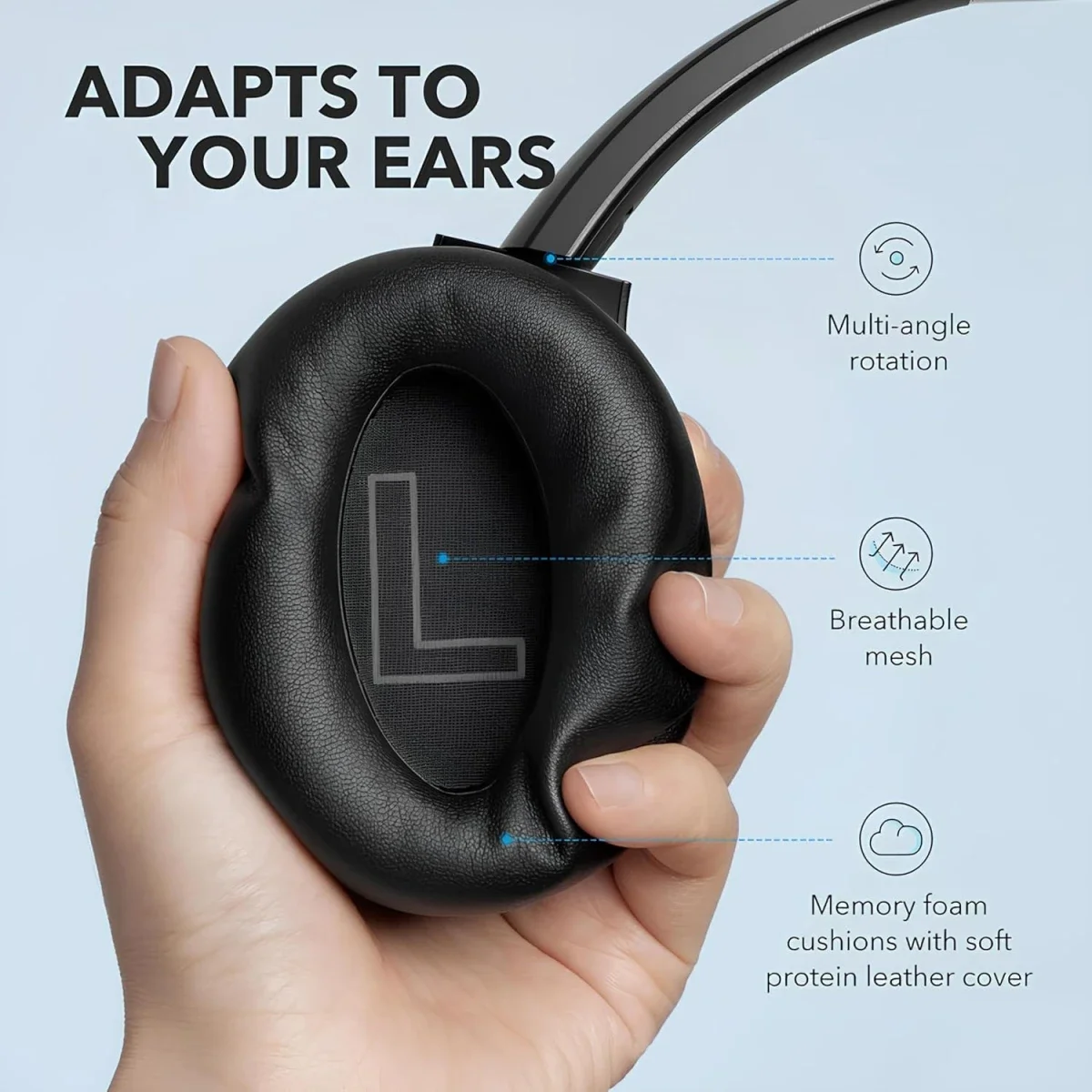 Anker Soundcore Life Q20 Hybrid ANC Wireless Over-Ear Bluetooth Headphones, 60H Playtime, Black - Thumbnail 3