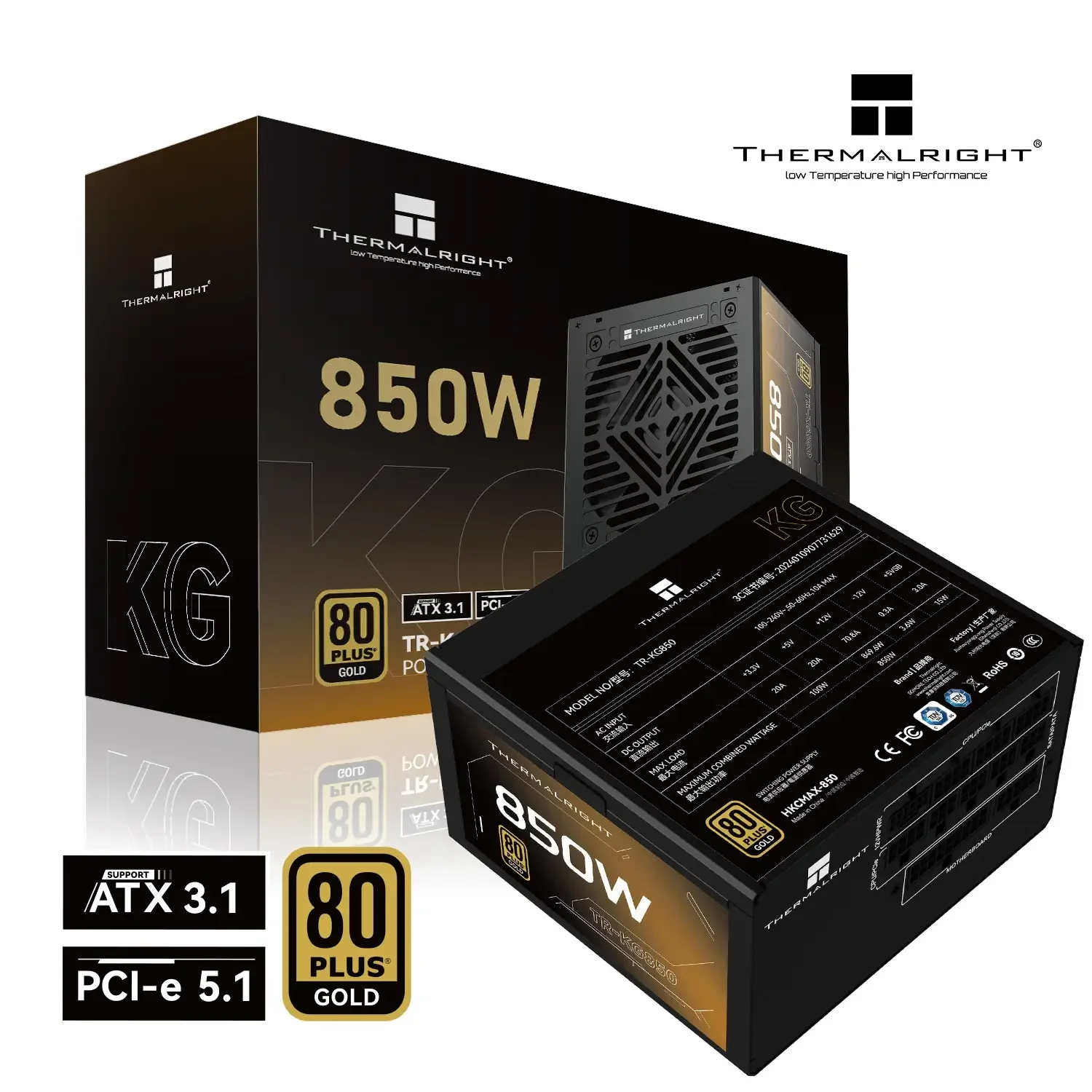 مزود كهرباء للكمبيوتر Thermalright بقدره 850 واط 80 Plus Gold معياري بالكامل ATX 3.1 KG-850