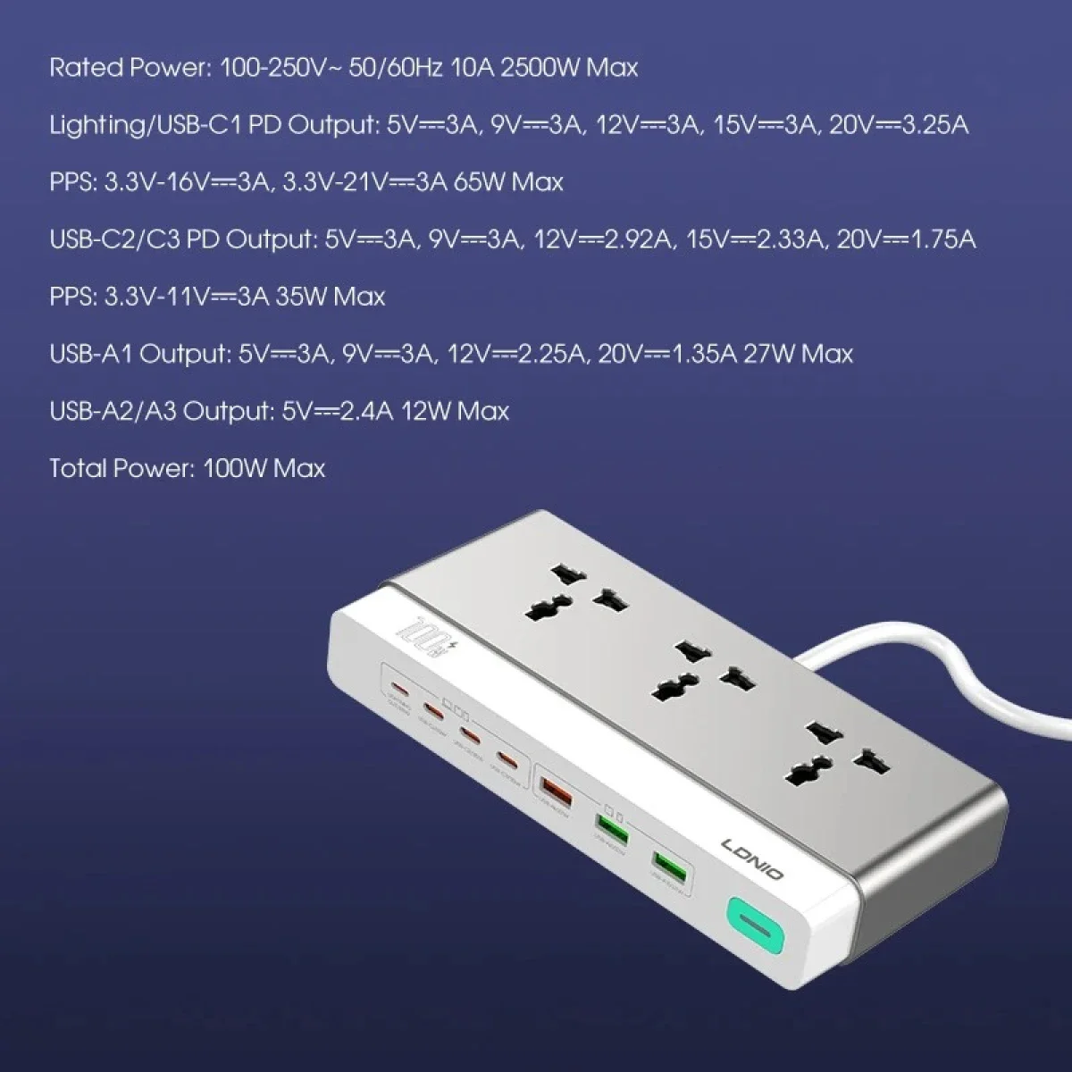 مشترك كهرباء LDNIO SC3 بتقنية GaN 10 في 1 شحن PD 100 واط 2500 واط قابس أوروبي - Image 5