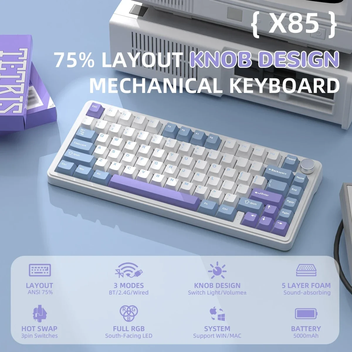 كيبورد ميكانيكي ATTACK SHARK X85 بنسبة 75% ثلاثي الاتصال أبيض وبنفسجي مع سويتش White Jade - Image 3