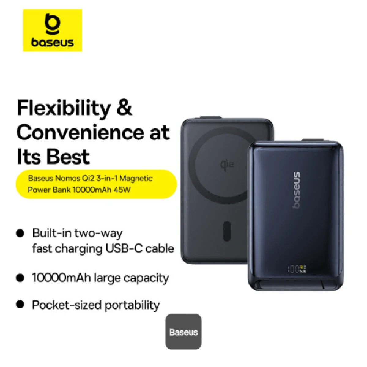 باور بانك Baseus Nomos 3-in-1 بسعة 10000mAh مع شحن لاسلكي Qi2 بقوة 15W وكابل 45W - أسود - Thumbnail 2