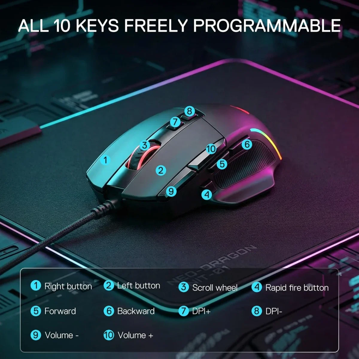 Redragon M925 Wired Gaming Mouse, 24000 DPI, 10 Programmable Buttons, Black - Thumbnail 5