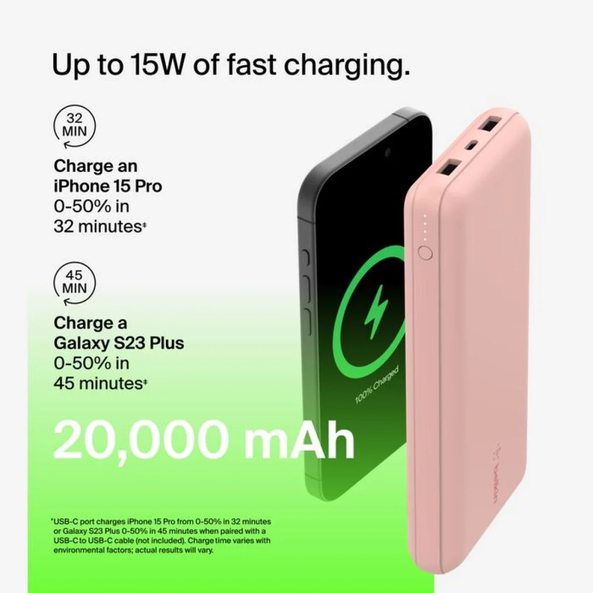 Belkin BoostCharge BPB012BTRG 20,000mAh 15W USB-C Power Bank with 2 USB-A Ports - Pink - Thumbnail 3
