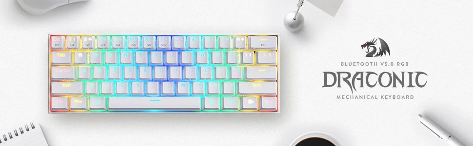 كيبورد ألعاب ميكانيكي Redragon K530 Pro Draconic لاسلكي RGB بحجم 60% أبيض - Thumbnail 10